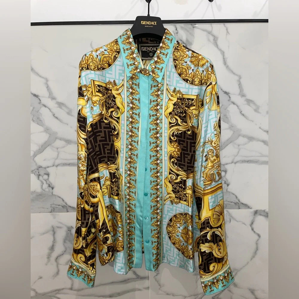 Fendi | Tops | Fendace Bluegold Baroque Silk Shirt | Poshmark